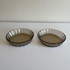France Arcopal Smoke Brown Glass Fluted Tart Quiche Flan Dish Berry Bowls Set/2